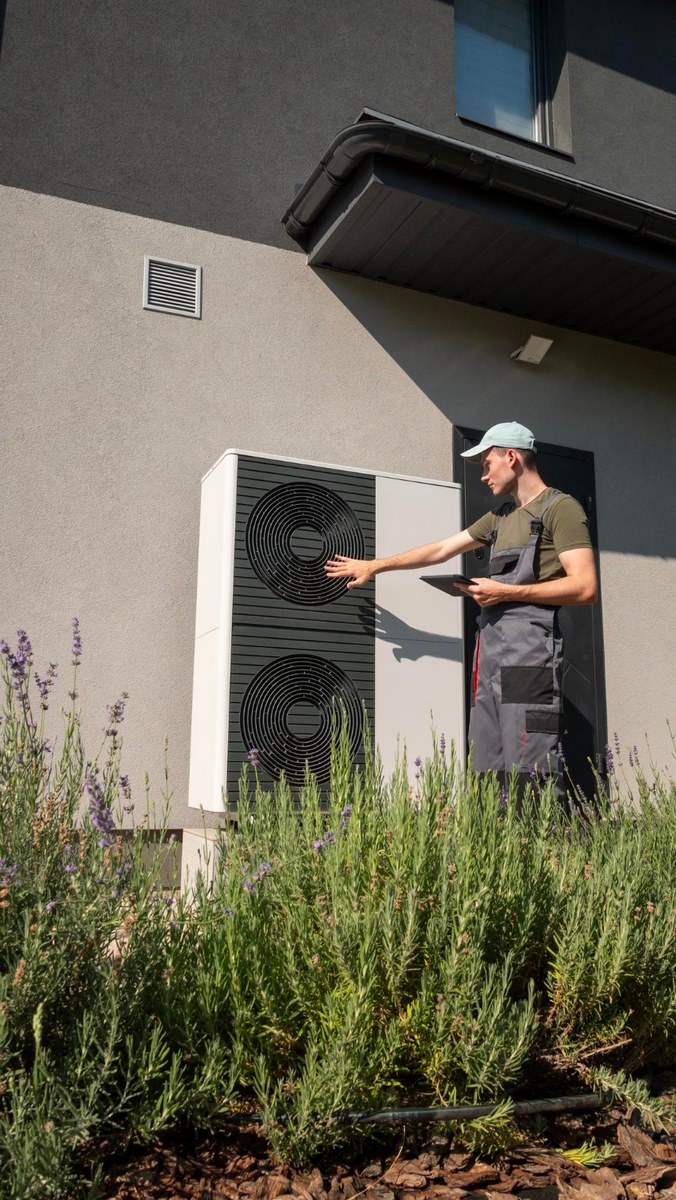 Technicien installant une pompe à chaleur sur une maison moderne à Limoges Spécialiste en chauffage réalisant la pose d’une pompe à chaleur extérieure, installation économique et écologique à Limoges.