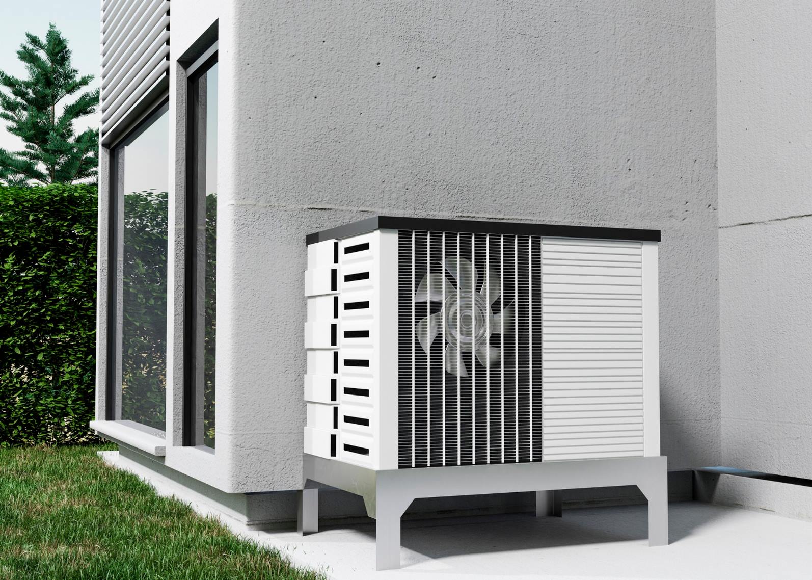 Pompe à chaleur extérieure installée sur une maison moderne à Panazol Pompe à chaleur posée en extérieur contre une façade, installation de chauffage écologique et économique à Panazol.